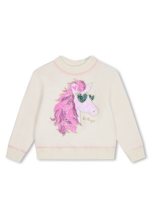 Cremefarvet sweatshirt med lyserødt paliet-unicornhoved og grønne hjerteformede solbriller, "Be Magic" tekst under designet.