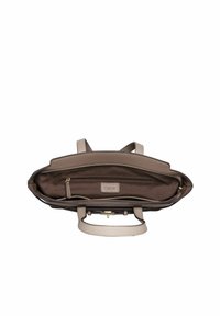 Sac à main en cuir beige avec deux poignées, ouverture supérieure dévoilant un intérieur en tissu marron, poche zippée et étiquette de la marque à l'intérieur.