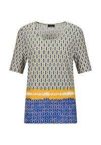 Korte mouwen top met een ronde hals, gekenmerkt door een levendig patroon in blauw, geel en wit. Gemaakt van lichte, gladde stof.