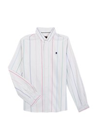 Witte overhemd met verticale strepen in blauw, roze en groen. Heeft een puntkraag en een klein blauw boompje-logo op de borst.