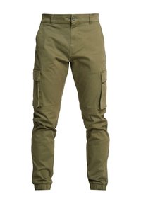 Olijfgroene cargo pants van katoen met een getailleerde pasvorm, voorzien van zijzakken, elastische boorden en verstevigde knieën.