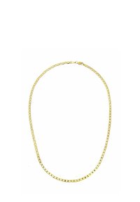 Collana a catena di colore oro con maglie quadrate, dotata di una chiusura sicura. Texture liscia e spessore uniforme in tutto il design.