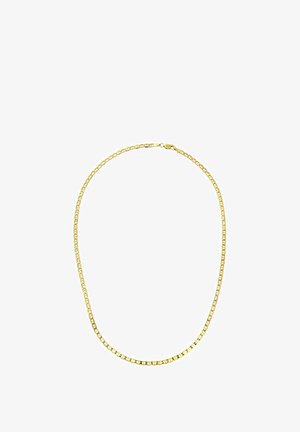 Goldfarbene Halskette mit quadratischen Gliedern, ausgestattet mit einem sicheren Verschluss. Glatte Textur und gleichmäßige Dicke im gesamten Design.