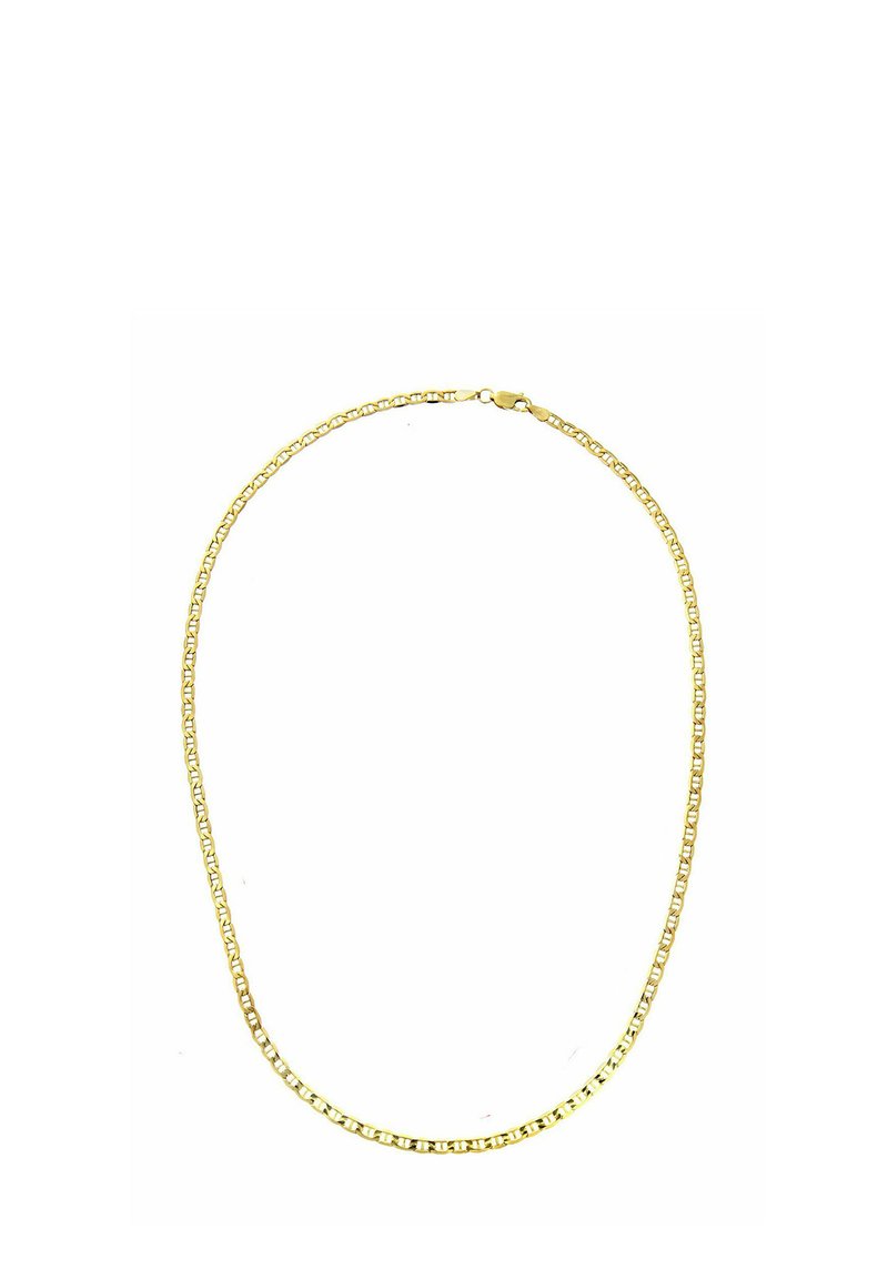 Collana a catena di colore oro con maglie quadrate, dotata di una chiusura sicura. Texture liscia e spessore uniforme in tutto il design.
