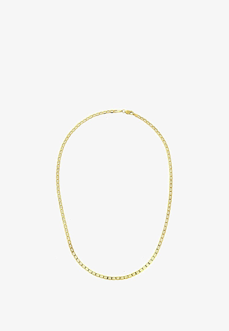 Goldfarbene Halskette mit quadratischen Gliedern, ausgestattet mit einem sicheren Verschluss. Glatte Textur und gleichmäßige Dicke im gesamten Design.