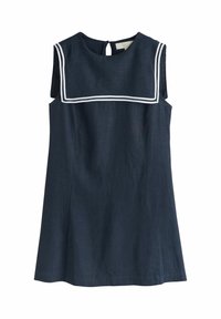 Temno modra obleka z mornarskim ovratnikom, belim robom, brez rokavov in zapiranjem z gumbom na hrbtni strani. Iz lahkega blaga.