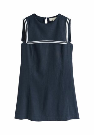 Marineblå kjole med sømandshals, hvid kant, ærmeløs design og en nøglehulsknaplukning bagpå. Fremstillet af letvægtsstof.