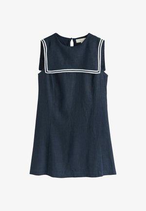 Marineblå kjole med sømandshals, hvid kant, ærmeløs design og en nøglehulsknaplukning bagpå. Fremstillet af letvægtsstof.