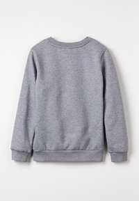 Szary sweatshirt z długimi rękawami, okrągłym dekoltem oraz ściągaczami w mankietach i na dole. Gładka tekstura, przeszycia wzdłuż szwów. Widok od tyłu.