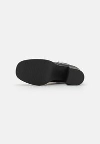 Sola di scarpa nera con texture liscia e motivo rigato. Il tacco è robusto e arrotondato, progettato per stabilità e supporto.