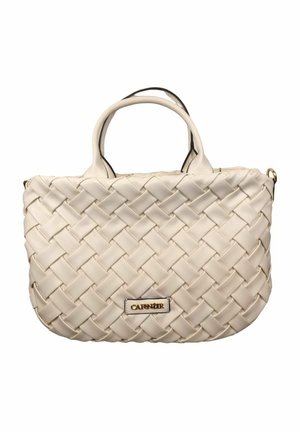 Borsa a mano in pelle intrecciata color crema con due manici e una targhetta con logo dorata al centro davanti.