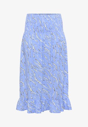 Hele sinine seelik, millel on laineline muster valge ja pruuni värviga, smockitud vöökoht ja volditud äär all.