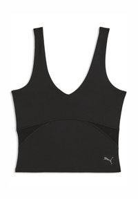 Μαύρο αθλητικό σουτιέν με φαρδιές τιράντες, βαθύ V-λαιμόκοψη και το λογότυπο της Puma στο κάτω δεξί μέρος.