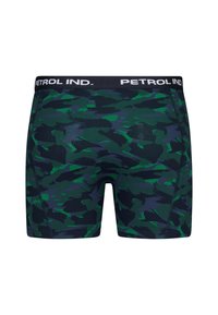 Boxer da uomo in blu scuro e motivo mimetico verde. Il tessuto è morbido con una comoda cintura elastica contrassegnata "PETROL IND."