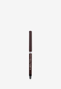 Crayon eyeliner automatique marron avec un capuchon transparent ; forme cylindrique ; texture lisse ; présente le logo de la marque et des informations sur le produit sur le corps.