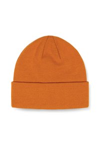 Orange knitted beanie with a folded cuff, featuring a smooth texture and seamless design. The top has a small, pointed crown.