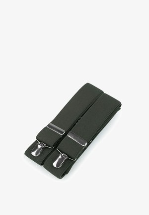 Groene elastische bretels met zilveren metalen clips, voorzien van een textuur, geweven ontwerp. Dubbele banden met verstelbare lengtes.