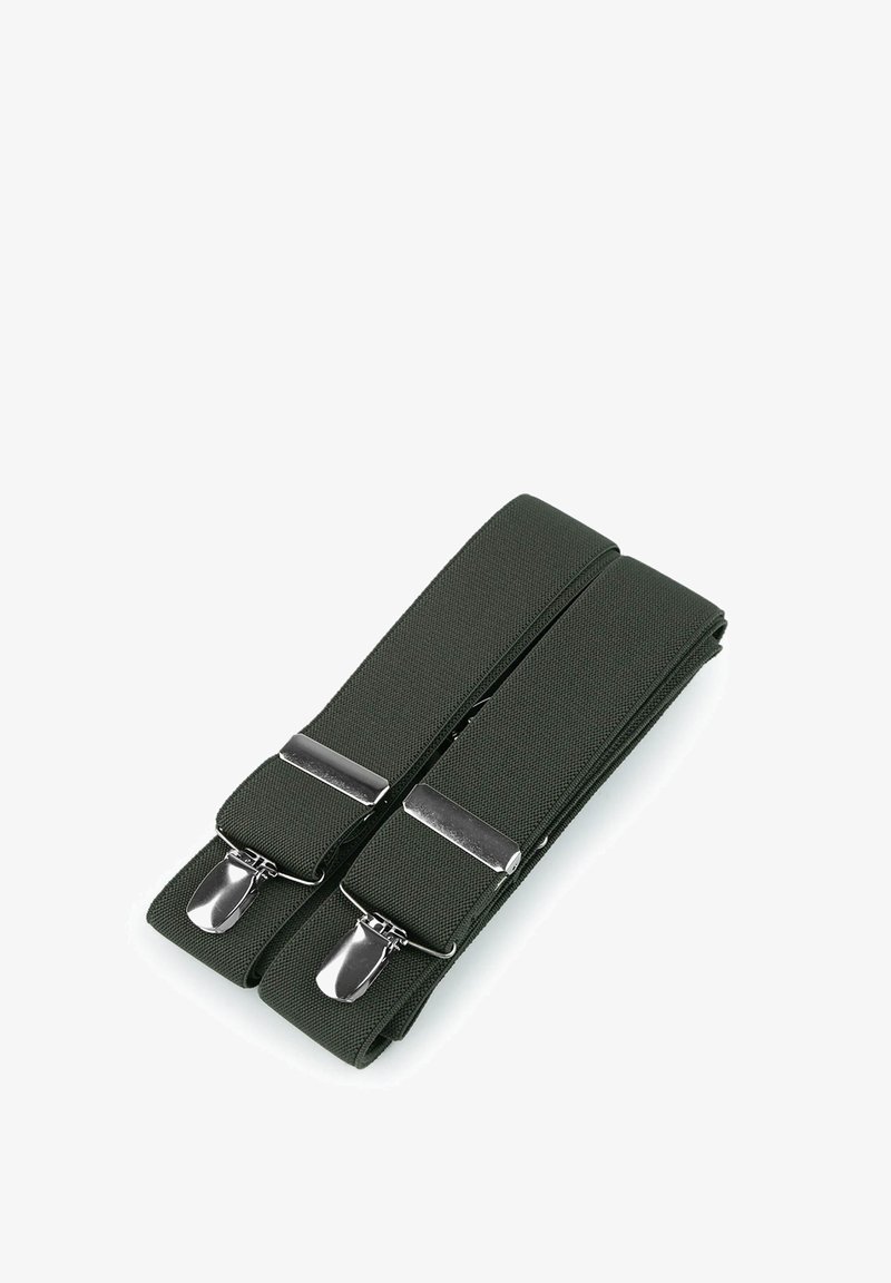 Green elastic suspenders with silver metal clips, featuring a textured, woven design. Dual straps with adjustable lengths.
