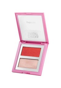 Ciuccio compatto con due quadrati: un blush a gradiente rosso vivace, un evidenziatore rosa tenue. Cassa in plastica rosa con copertura trasparente.