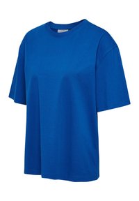Blaues kurzärmeliges oversized Baumwoll-T-Shirt mit Rundhalsausschnitt, vor weißem Hintergrund gezeigt.