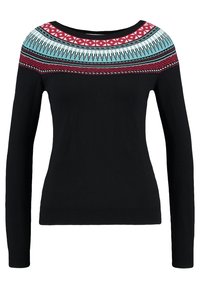 Pull noir à manches longues avec un large col décoratif et un empiècement orné de motifs géométriques en bleu sarcelle, bordeaux et blanc.