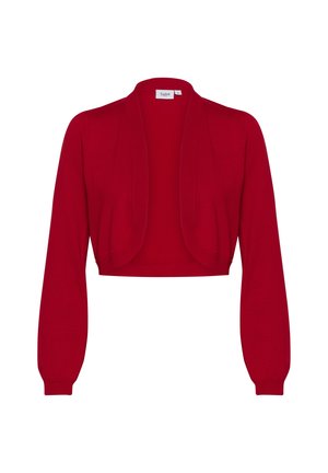 Cardigan rosso corto con maniche lunghe, realizzato in tessuto morbido. Presenta un design aperto con bordi arrotondati e senza chiusure.