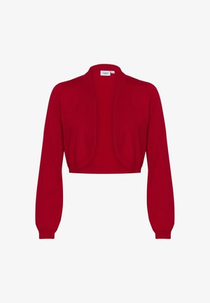 Red cropped cardigan with long sleeves, made from soft fabric. Features an open front design with rounded edges and no fastenings.