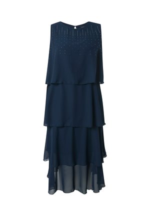 Marineblauwe gelaagde mouwloze jurk met doorschijnende stof, ronde halslijn en kleine decoratieve kraaldetails aan de bovenkant vooraan.