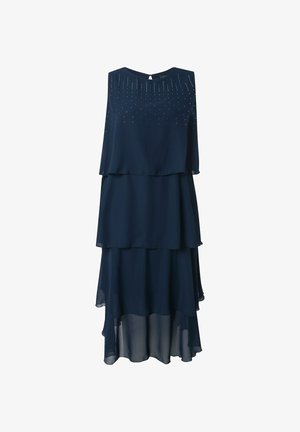 Marineblauwe gelaagde mouwloze jurk met doorschijnende stof, ronde halslijn en kleine decoratieve kraaldetails aan de bovenkant vooraan.