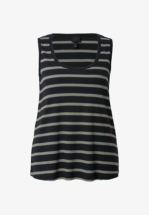 Camiseta sin mangas de rayas horizontales negras y grises con escote en forma de U.