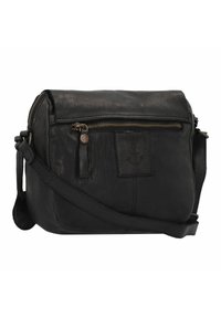 Schwarze Leder-Crossbody-Tasche mit strukturiertem Oberflächen, Reißverschluss, Vorderfach und verstellbarem Schultergurt. Mit eingeprägtem Anker-Detail.