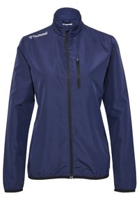 Himmelblau leichter Jacket mit hohem Kragen, schwarzem Reißverschluss und einer Brusttasche. Aus glattem Stoff gefertigt, verfügt über elastische Bündchen.