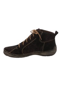 Bottines en daim marron foncé avec des lacets marron clair, des coutures contrastantes et une semelle en caoutchouc. Elles présentent un design lisse et arrondi.