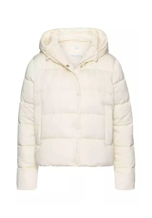Biała kurtka puchowa z kapturem, z pikowanym wzorem, zapięciem na zatrzaski i elastycznymi akcentami na rękawach. Miękka faktura.