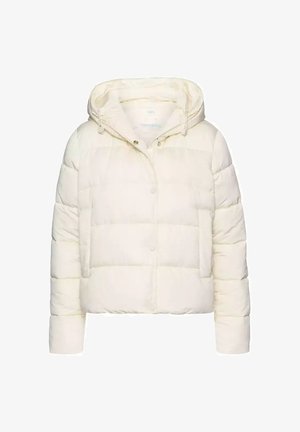 Biała kurtka puchowa z kapturem, z pikowanym wzorem, zapięciem na zatrzaski i elastycznymi akcentami na rękawach. Miękka faktura.