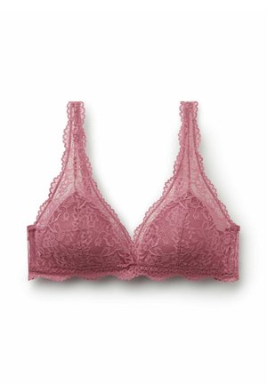 Soutien-gorge triangle en dentelle couleur rose poudré, avec bonnets triangulaires, bords festonnés et bretelles réglables. Texture douce avec motifs floraux.