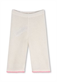 Leggings bianchi in maglia con motivo a rete testurizzato e orlo smerlato rosa. Presentano una fascia elastica in vita per una vestibilità comoda.