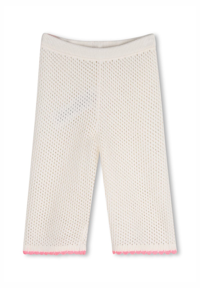 Leggings bianchi in maglia con motivo a rete testurizzato e orlo smerlato rosa. Presentano una fascia elastica in vita per una vestibilità comoda.