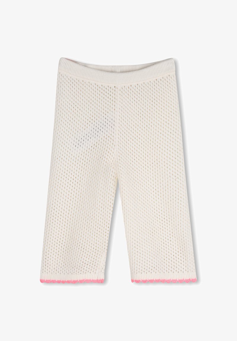 Leggings bianchi in maglia con motivo a rete testurizzato e orlo smerlato rosa. Presentano una fascia elastica in vita per una vestibilità comoda.