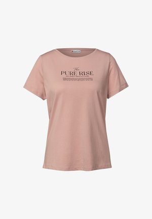 Vaaleanpunainen t-paita, joka on valmistettu pehmeästä kankaasta. Mallissa on pyöreä kaula-aukko ja lyhyet hihat. Etupuolella on teksti "THE PURE RISE" mustalla.