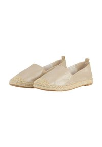 Bottines espadrilles beiges avec une semelle en jute tressé, une tige en toile et un design sans lacets. Présentent des coutures discrètes et des panneaux latéraux en élastique.
