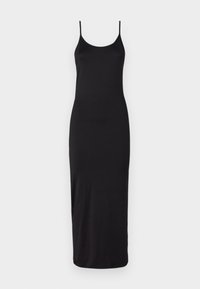 Černé bezramínkové maxi šaty s přiléhavým střihem, vyrobené z hladkého materiálu, s kulatým výstřihem a tenkými ramínky.