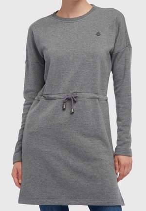 Grauer Sweatshirtkleid mit langen Ärmeln, Rundhalsausschnitt, verstellbarem Kordelzug in der Taille und dezentem Logo-Detail auf der Brust.