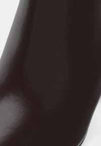 Close-up of a smooth, shiny dark brown leather boot shaft against a light background.