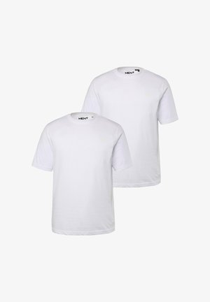 Twee witte katoenen t-shirts met korte mouwen en ronde uitsnijdingen, voorzien van een klein logo op de voorkant. Zachte textuur, reguliere pasvorm.