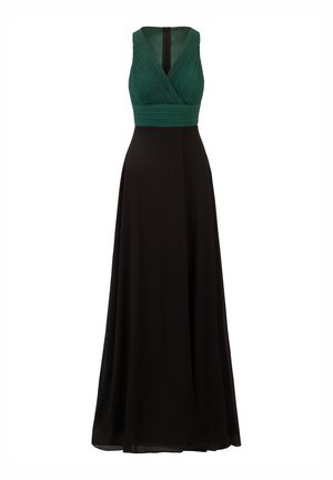 Robe maxi avec un corsage plissé vert et une jupe noire ajustée. Décolleté en V avec une fermeture éclair au dos. Tissu lisse et fluide.