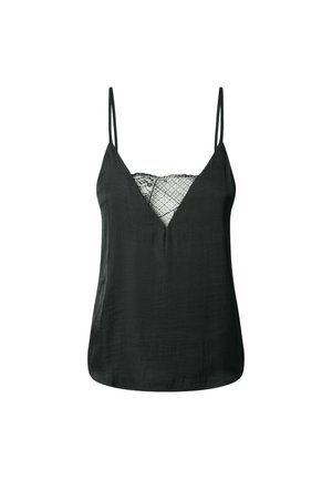Top canotta nero con spalline sottili, caratterizzato da un inserto in pizzo all'collo e un tessuto liscio e leggero con vestibilità morbida.