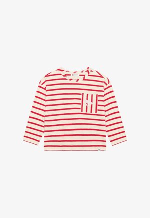 Camicia a maniche lunghe color crema con strisce orizzontali rosse, caratterizzata da una piccola tasca con motivo a strisce e un dettaglio accentuato discreto.