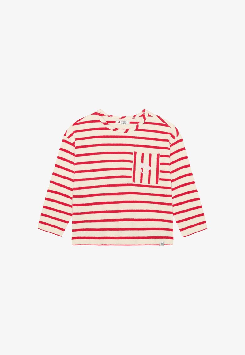 Chemise à manches longues couleur crème avec des rayures horizontales rouges, dotée d'une petite poche au motif rayé et d'un détail d'accent subtil.