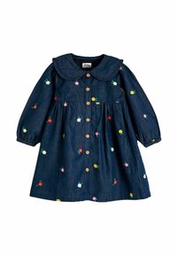 Denimkleit suure kraega, millel on mitmevärviline lilleline tikand, pikad varrukad ja ees puidust nupud. Kogutud seeliku disain.